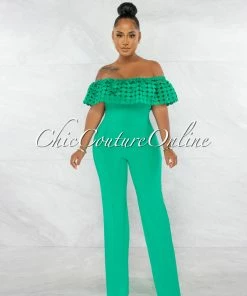 Chic Couture Online Amaretto Green Off-The Shoulder Crochet Top Jumpsuit