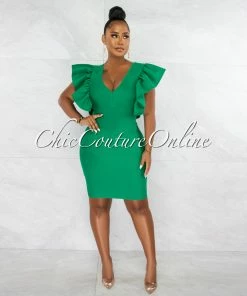 Chic Couture Online Barend Green V-Neck Ruffle Sleeves Bandage Midi Dress