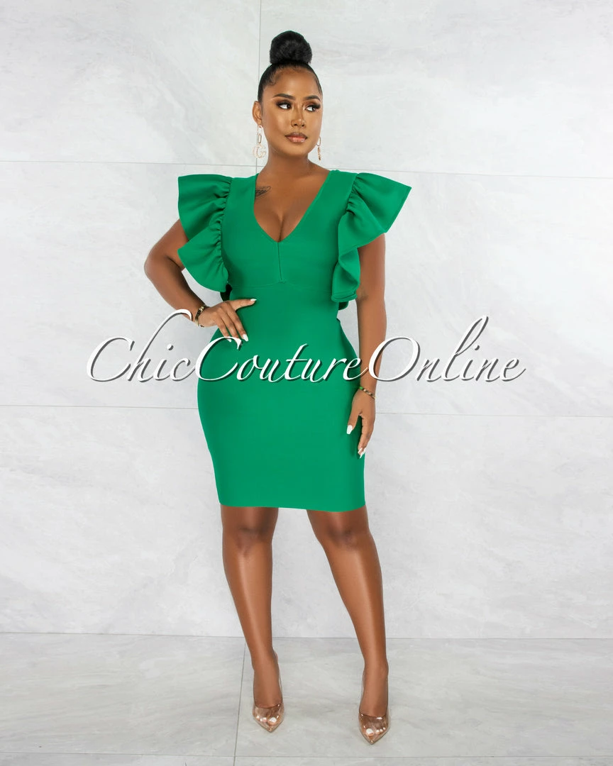 Chic Couture Online Barend Green V-Neck Ruffle Sleeves Bandage Midi Dress