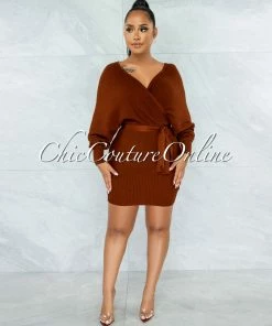 Chic Couture Online CLOTHING Evangel Copper Ribbed Wrap Sweater Dress