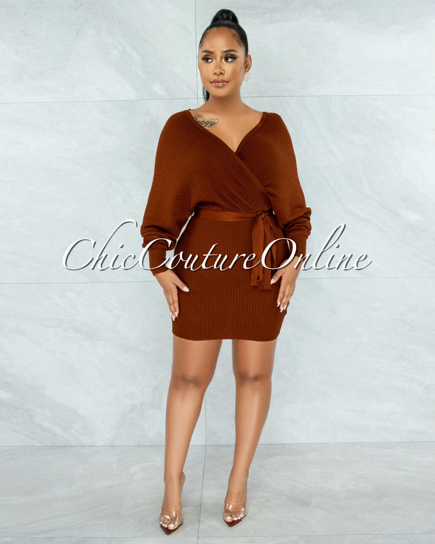 Chic Couture Online CLOTHING Evangel Copper Ribbed Wrap Sweater Dress