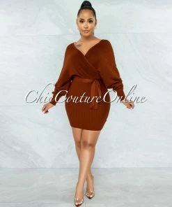 Chic Couture Online CLOTHING Evangel Copper Ribbed Wrap Sweater Dress
