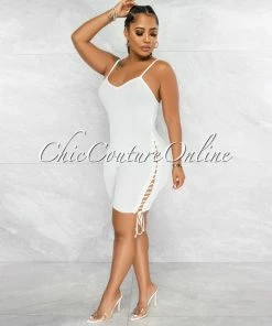 Vendor-unknown Larmine Off-White Ribbed Lace-Up Sides Romper JUST IN