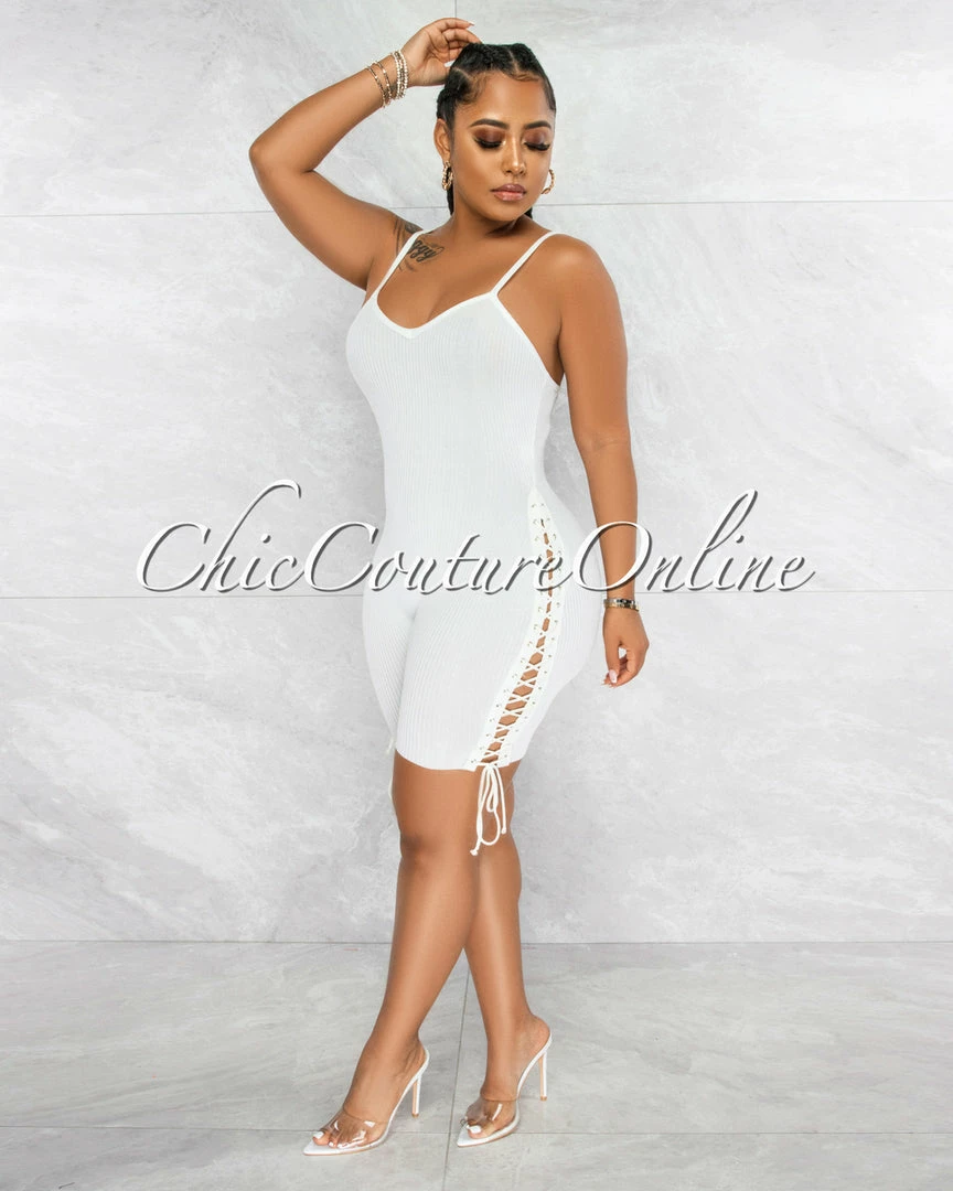 Vendor-unknown Larmine Off-White Ribbed Lace-Up Sides Romper JUST IN
