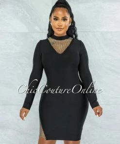 Vendor-unknown Patrice Black Rhinestones Net Bandage Long Sleeves Dress JUST IN
