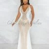 Vendor-unknown Bascose Off-White Nude Mesh Rhinestones Maxi Dress JUST IN