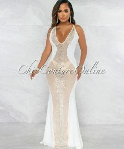 Vendor-unknown Bascose Off-White Nude Mesh Rhinestones Maxi Dress JUST IN