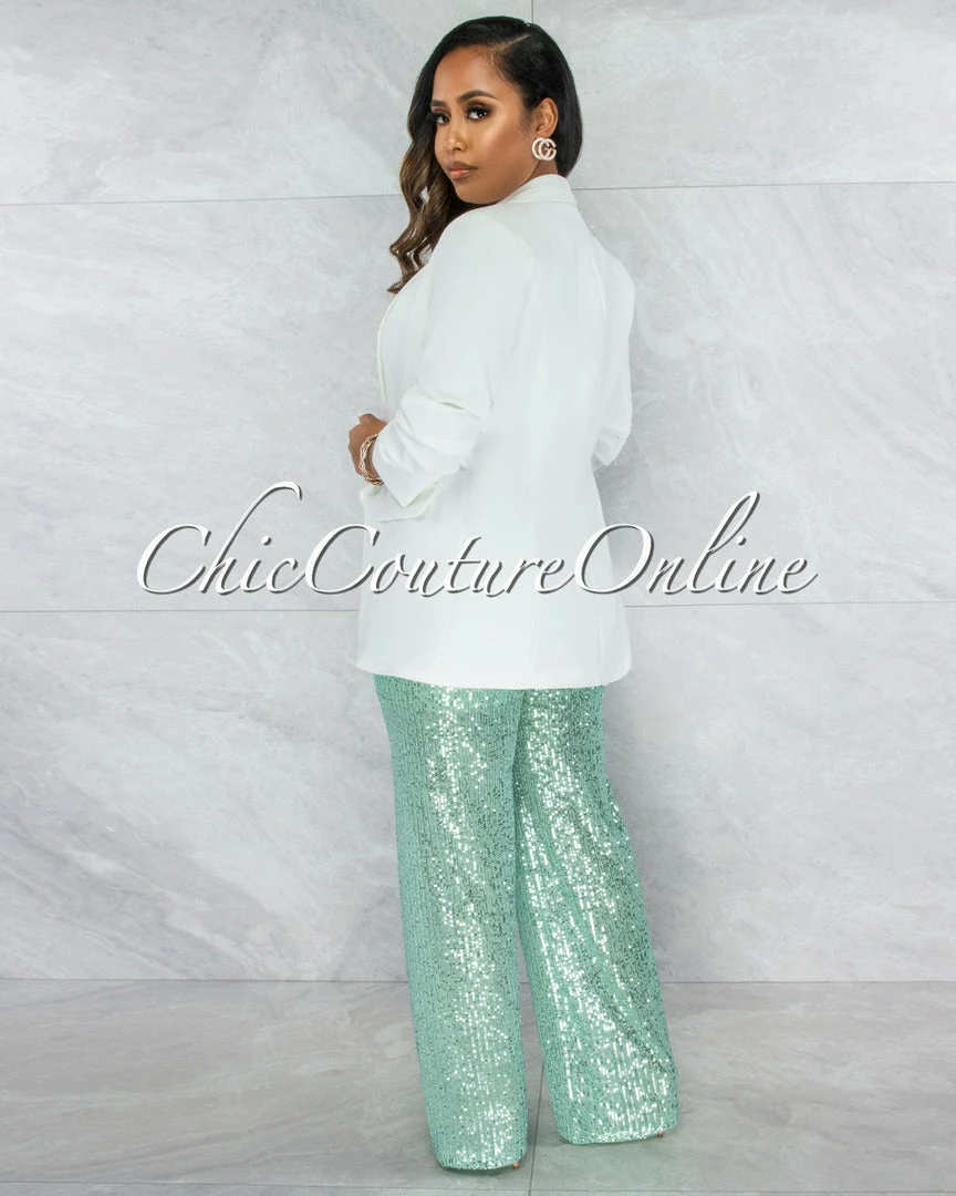 Vendor-unknown JUST IN Cuenta Mint Green Sequins Wide Legs Pants