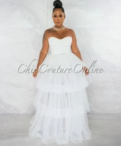 Chic Couture Online JUST IN Dempsey Off-White Padded Cups Tulle Tiered Bodysuit Maxi Dress