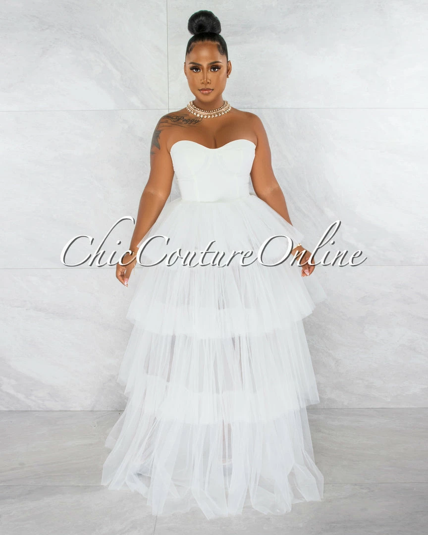 Chic Couture Online JUST IN Dempsey Off-White Padded Cups Tulle Tiered Bodysuit Maxi Dress