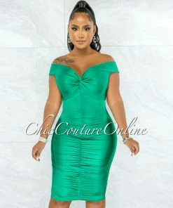 Chic Couture Online Hersala Green Knot Ruched Midi Dress