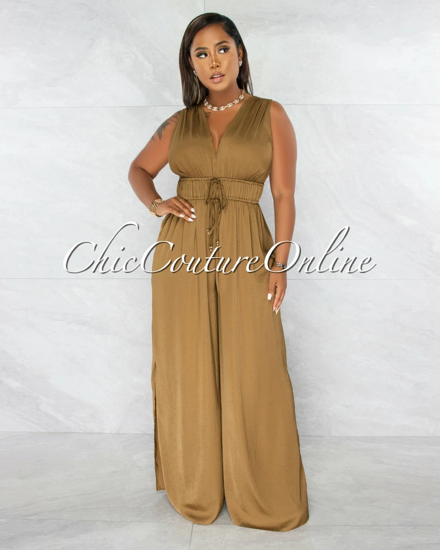 Chic Couture Online Allison Olive Green Double Tie Waist Silky Jumpsuit JUST IN
