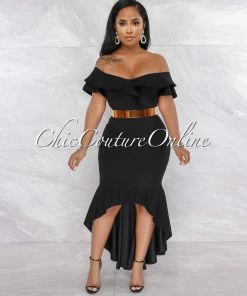 Vendor-unknown Macaria Black Ruffle Neckline Hi-Lo Dress JUST IN