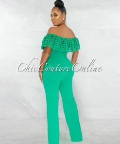 Chic Couture Online Amaretto Green Off-The Shoulder Crochet Top Jumpsuit