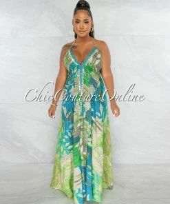 Chic Couture Online Alexandria Green Print Silver Sequins Halter Maxi Dress