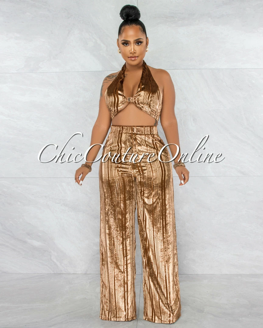 Vendor-unknown JUST IN Amellie Bronze Velvet Shimmer Crop Top & Wide Pants Set