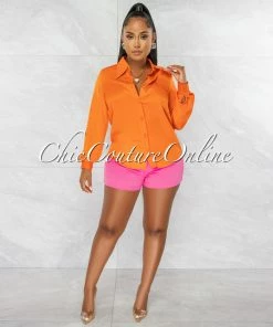 Chic Couture Online Florence Orange Collared Silky Blouse JUST IN
