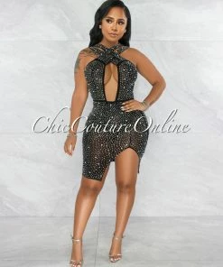 Vendor-unknown Hamidi Black Rhinestones & Pearls Mesh Criss-Cross Dress