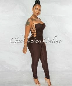 Chic Couture Online Mikela Brown Mesh Sheer Ruched Lace-Up Sides Jumpsuit