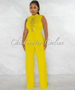 Chic Couture Online Brandy Lime Green Gold Link Lace-Up Jumpsuit JUST IN