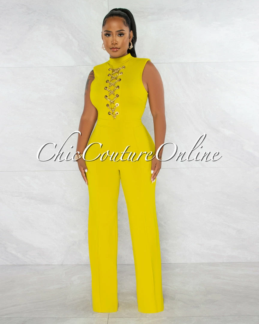 Chic Couture Online Brandy Lime Green Gold Link Lace-Up Jumpsuit JUST IN