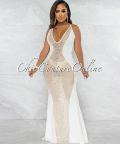 Vendor-unknown Bascose Off-White Nude Mesh Rhinestones Maxi Dress JUST IN