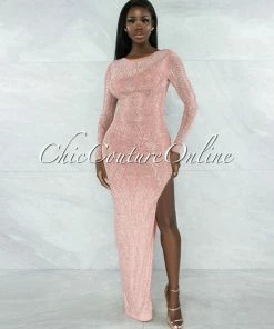 Vendor-unknown Goncalves Rose Silver Studs Side Slit Maxi Dress