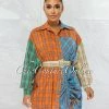 Vendor-unknown JUST IN Ronat Orange Blue Plaid Belt Shirt Ruched Dress