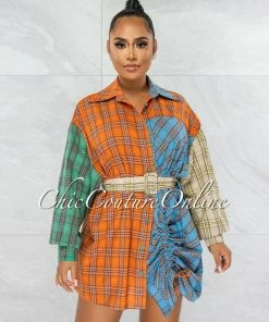 Vendor-unknown JUST IN Ronat Orange Blue Plaid Belt Shirt Ruched Dress