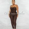 Chic Couture Online Mikela Brown Mesh Sheer Ruched Lace-Up Sides Jumpsuit