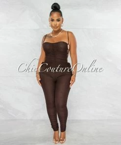 Chic Couture Online Mikela Brown Mesh Sheer Ruched Lace-Up Sides Jumpsuit