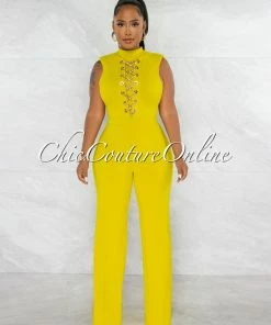 Chic Couture Online Brandy Lime Green Gold Link Lace-Up Jumpsuit JUST IN