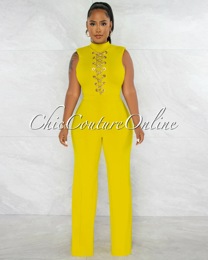 Chic Couture Online Brandy Lime Green Gold Link Lace-Up Jumpsuit JUST IN