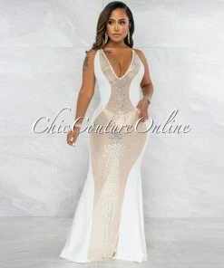 Vendor-unknown Bascose Off-White Nude Mesh Rhinestones Maxi Dress JUST IN