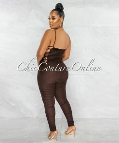 Chic Couture Online Mikela Brown Mesh Sheer Ruched Lace-Up Sides Jumpsuit