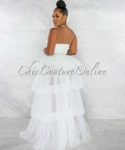 Chic Couture Online JUST IN Dempsey Off-White Padded Cups Tulle Tiered Bodysuit Maxi Dress