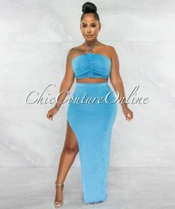 Chic Couture Online Lucille Turquoise Ruched Silver Accent Top & Maxi Slit Skirt Set JUST IN