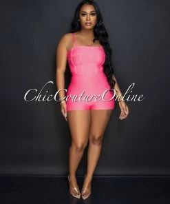 Vendor-unknown JUST IN Zariel Neon Pink Trim Details Bandage Romper