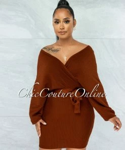 Chic Couture Online CLOTHING Evangel Copper Ribbed Wrap Sweater Dress