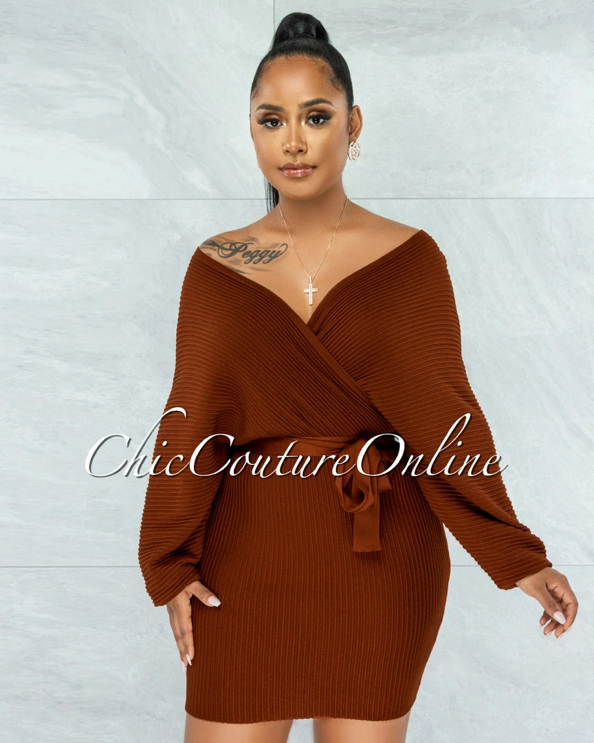 Chic Couture Online CLOTHING Evangel Copper Ribbed Wrap Sweater Dress