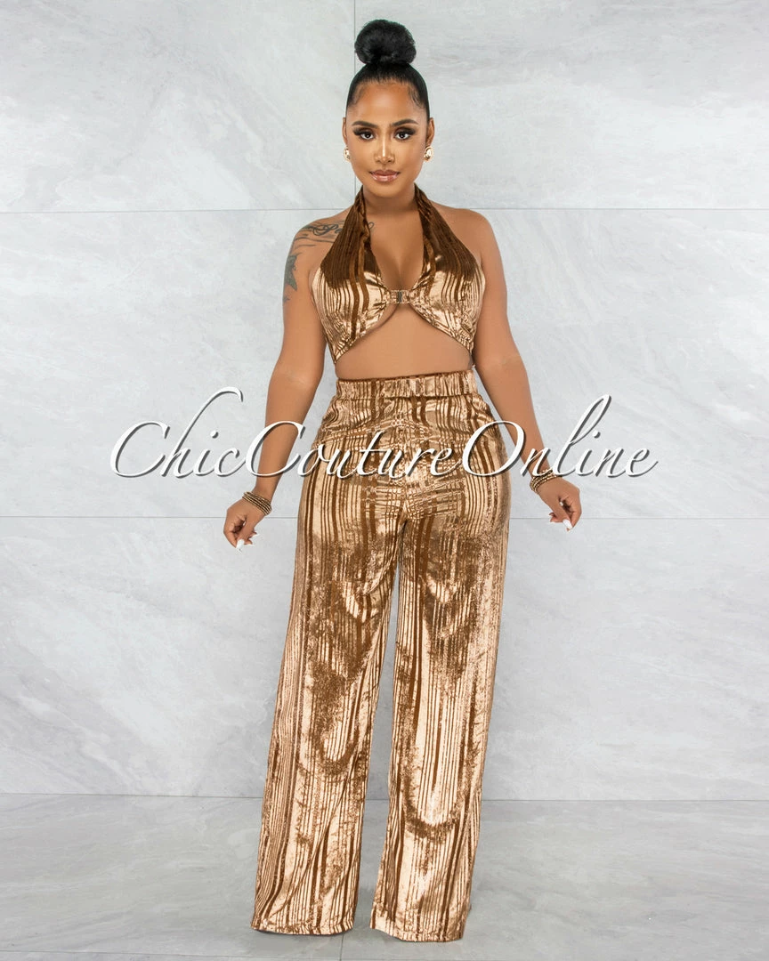 Vendor-unknown JUST IN Amellie Bronze Velvet Shimmer Crop Top & Wide Pants Set