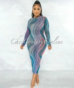 Chic Couture Online Lojean Hunter Green Multi-Color Print Mesh Cover-Up Maxi Dress