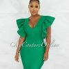Chic Couture Online Barend Green V-Neck Ruffle Sleeves Bandage Midi Dress