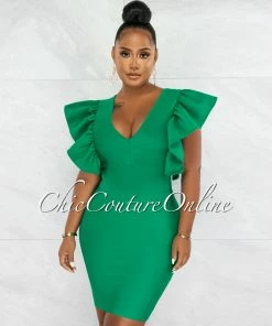 Chic Couture Online Barend Green V-Neck Ruffle Sleeves Bandage Midi Dress