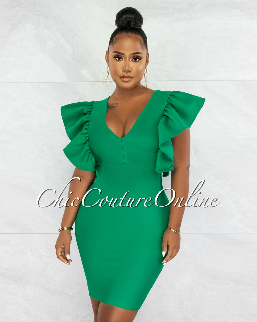 Chic Couture Online Barend Green V-Neck Ruffle Sleeves Bandage Midi Dress