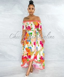 Vendor-unknown Garvey Ivory Floral Smocked Top High-Low Maxi Dress