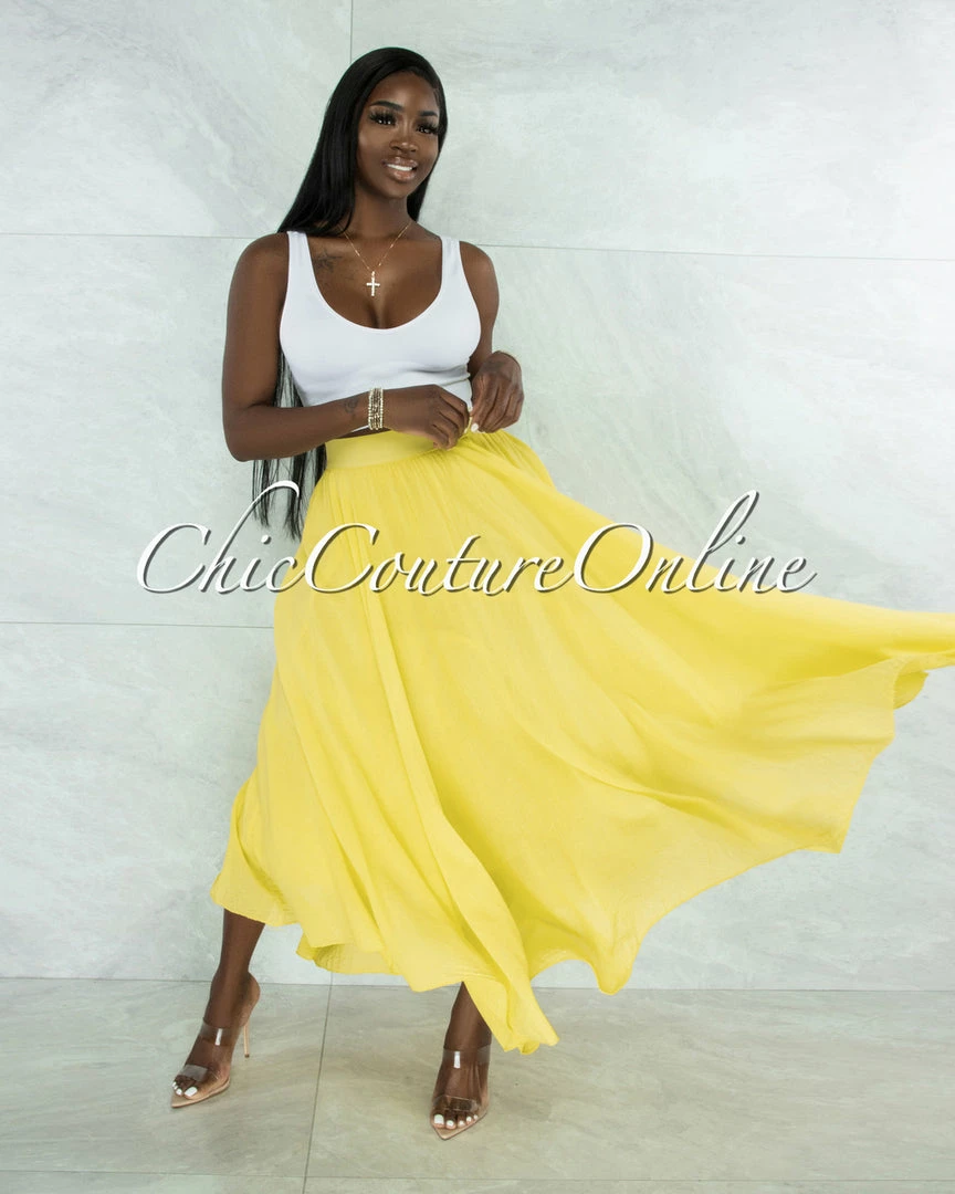 Vendor-unknown JUST IN Dondra Yellow Flutter Wide Maxi Skirt