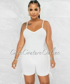 Vendor-unknown Larmine Off-White Ribbed Lace-Up Sides Romper JUST IN
