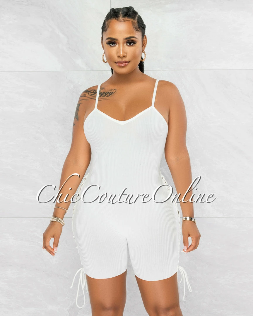 Vendor-unknown Larmine Off-White Ribbed Lace-Up Sides Romper JUST IN