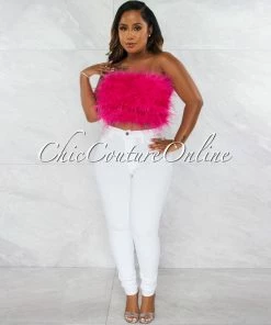 Chic Couture Online Lara Fuchsia Feather Crop Top JUST IN